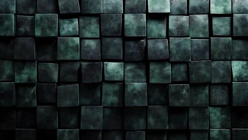 Grid of dark textured cubic tiles forms a recessed wall surface