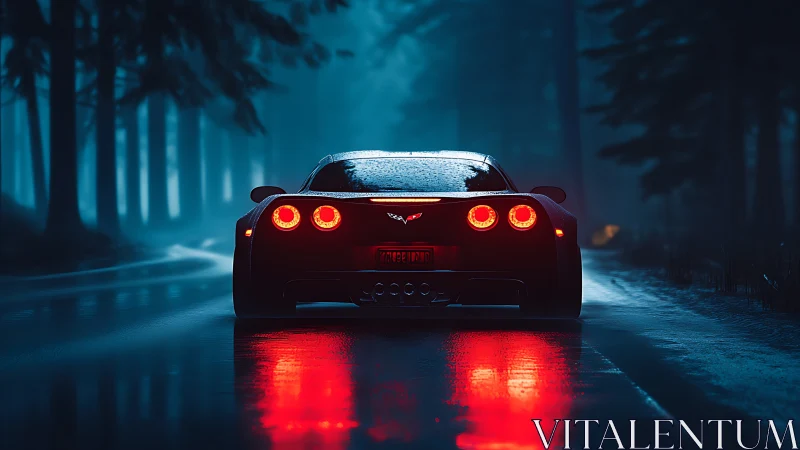 Sportscar taillights burn through a rain-soaked midnight forest road