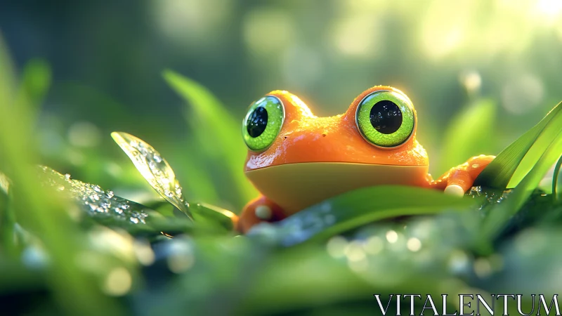Hyperreal 3D orange tree frog close-up in dewy grass bokeh
