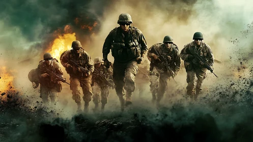 Infantry squad advancing through explosive battlefield haze.