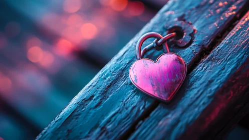 A Glowing Heart Lock Resting on Weathered Wood.
