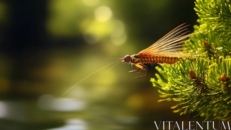 Macro study of mayfly imago on conifer branch in oblique light.