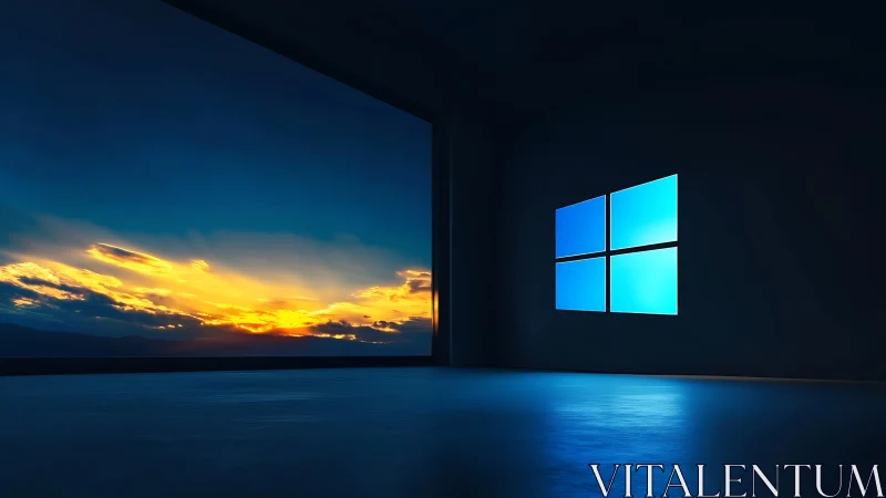 Dark interior with glowing blue window logo and sunset view.