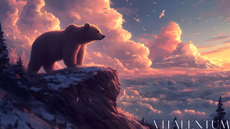 Majestic bear surveying glowing mountains at sunset clouds.