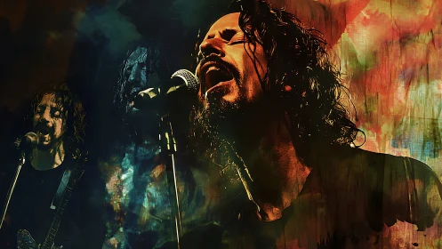 Digital painting triptych of rock vocalist in dynamic concert light.