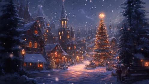 Snowlit village glows around a towering, spellbound Christmas tree.