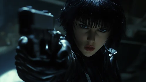 Woman with short dark hair pointing handgun toward viewer