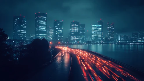 Neon-lit city skyline overlooks streaming highway lights at night.