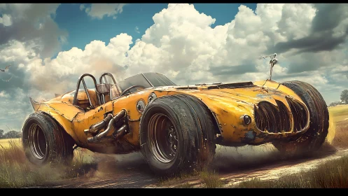 Sunburnt wasteland roadster roars beneath wild summer clouds.