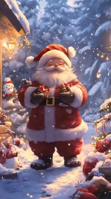 Santa figure in snowy outdoor scene with holiday decorations.