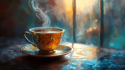 Golden teacup with steam on reflective table at window.