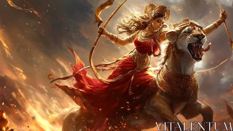 Armed celestial warrior riding armored lion amid firestorm.