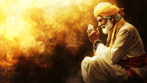 Elderly mystic in prayer kneels against radiant golden haze