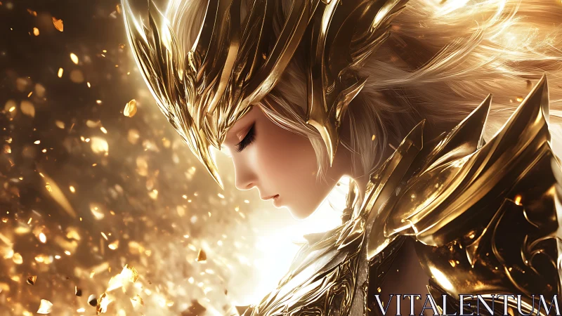 Golden armored valkyrie rendered in high-detail digital painting