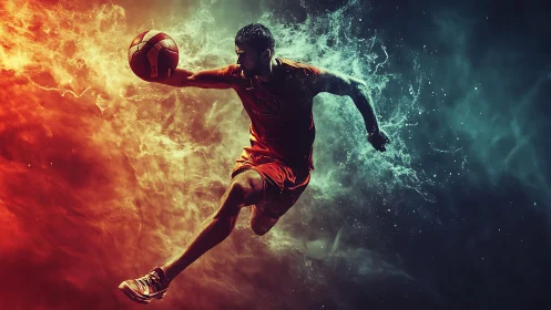 Dynamic basketball player explodes through fiery and icy light