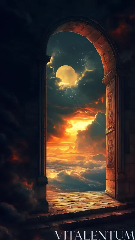 Moonlit threshold above ember clouds of a dreaming sky.