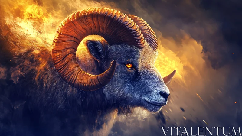 Fiery horned ram emerges from swirling storm clouds.