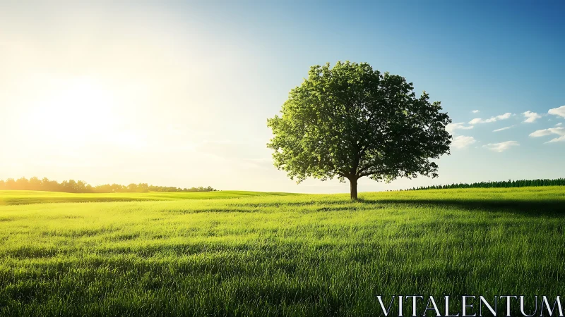 Solitary broadleaf tree on sunlit meadow under clear sky