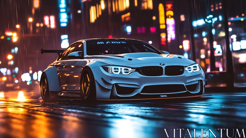 White tuned sports car on wet neon city street at night.