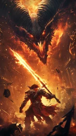 Armored warrior confronts horned fire-dragon amid eruptive inferno