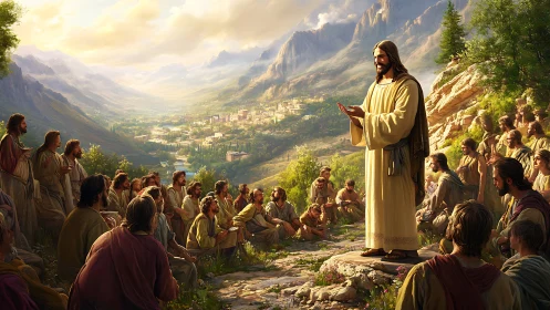 Sunlit sermon scene renders Christ teaching on a mountain slope