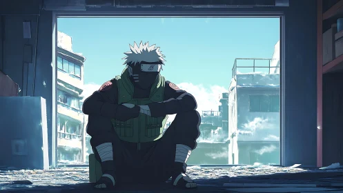 Silent ninja sentinel in a snowlit ruined city windowframe.