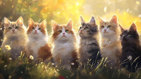 Six Kittens in Golden Meadow with Ethereal Glow.