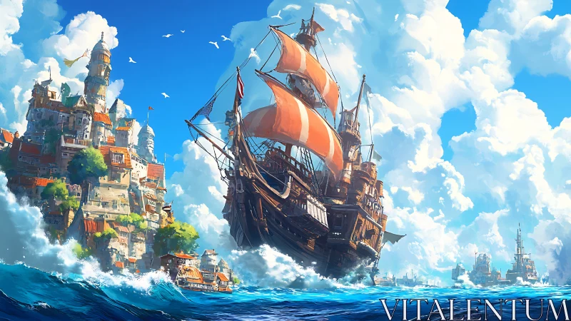 Crimson sails cut through cloud palaces and sapphire tides