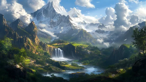 Sunlit alpine waterfall cascades beneath snowbound mountain range