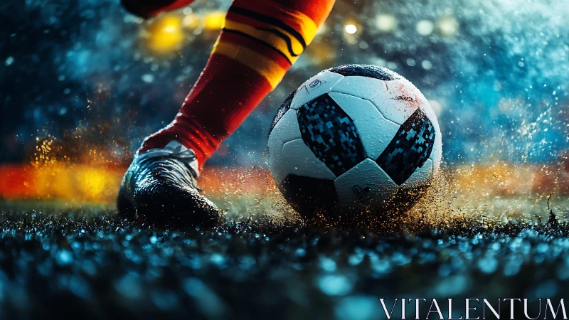 Rain-soaked soccer kick igniting a thrilling night match.