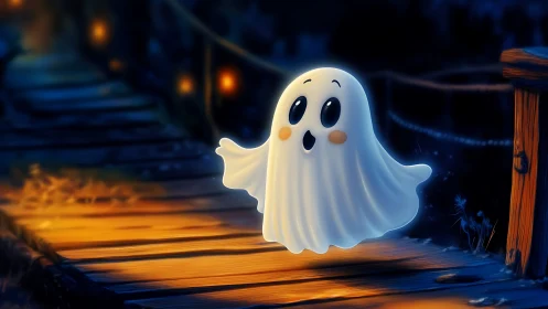 Cartoon ghost hovers on wooden path in soft moonlit glow