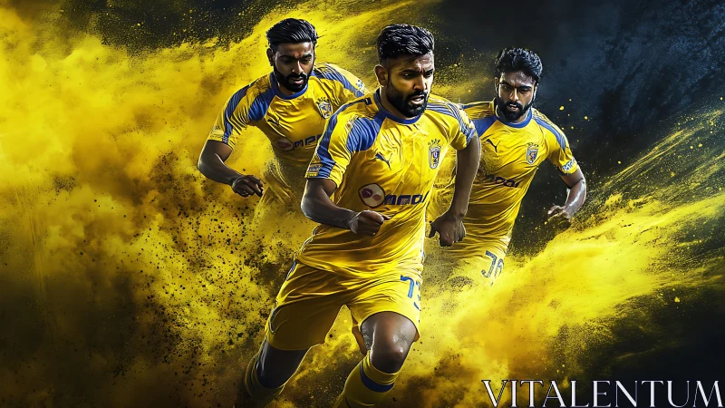 Three soccer players in yellow kits sprint through yellow smoke.