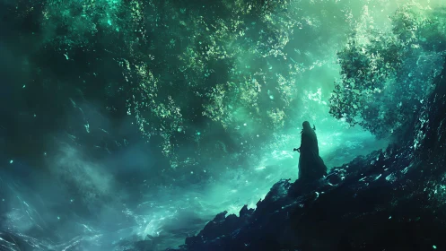 Mystic cloaked figure under swirling emerald vortex sky.