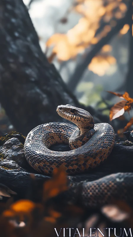 Coiled forest snake rests alert on mossy branch at dusk light
