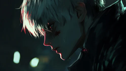 Brooding white haired boy in moody city lights at night.
