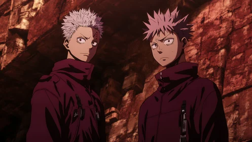 Two anime characters in dark jackets before rock wall.