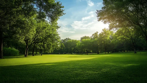 Sunlit green park lawn under dense summer tree canopy.