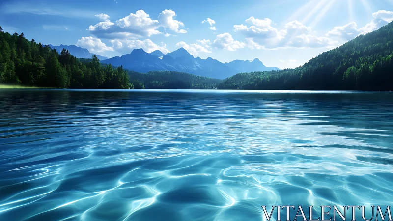 Sunlit alpine lake surface captures crystalline wave refractions