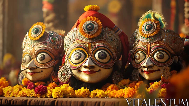 Festive deity masks beaming over a river of marigolds.