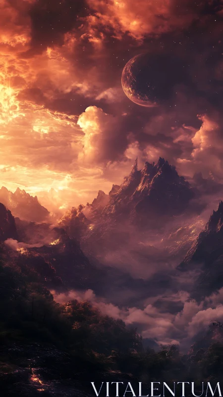 Celestial inferno above misty alien mountainscape at dusk.