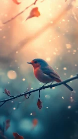 Backlit robin on branch in shallow depth-of-field bokeh field.