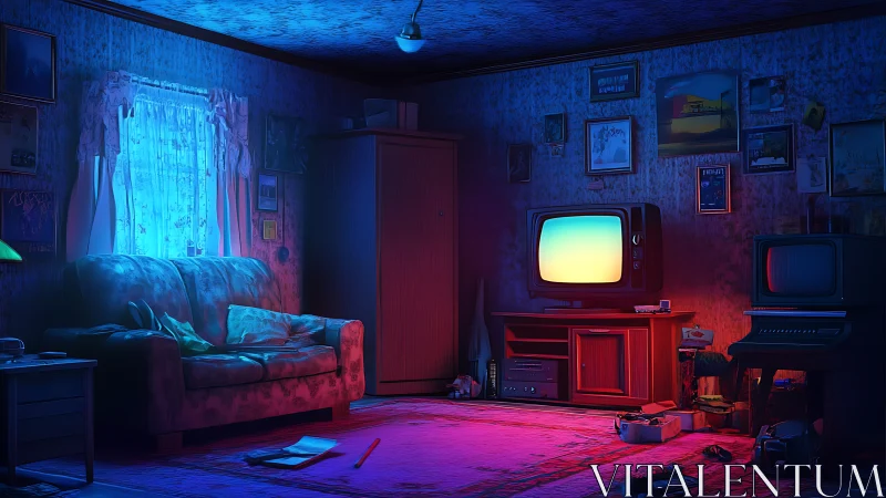 Retro living room interior uses split blue and red lighting