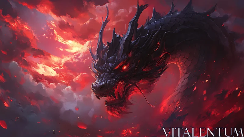 Dragon head emerges from dense red storm cloud formation