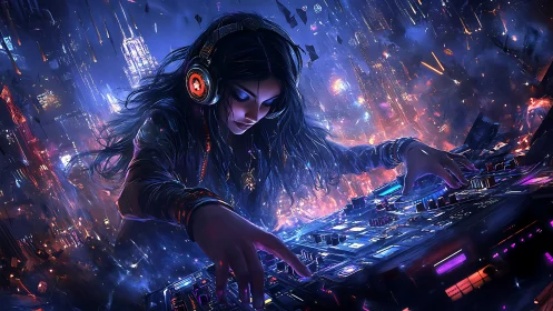 Cyberpunk DJ controls luminous mixer in neon-saturated skyline