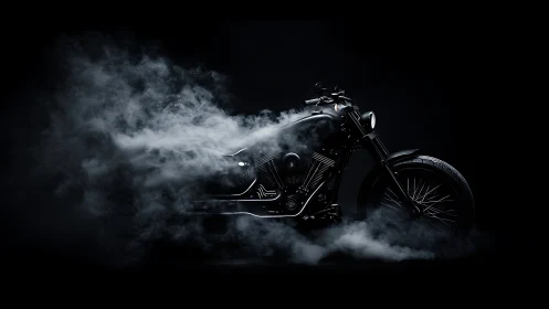Midnight motorcycle rolls through swirling mist and shadow