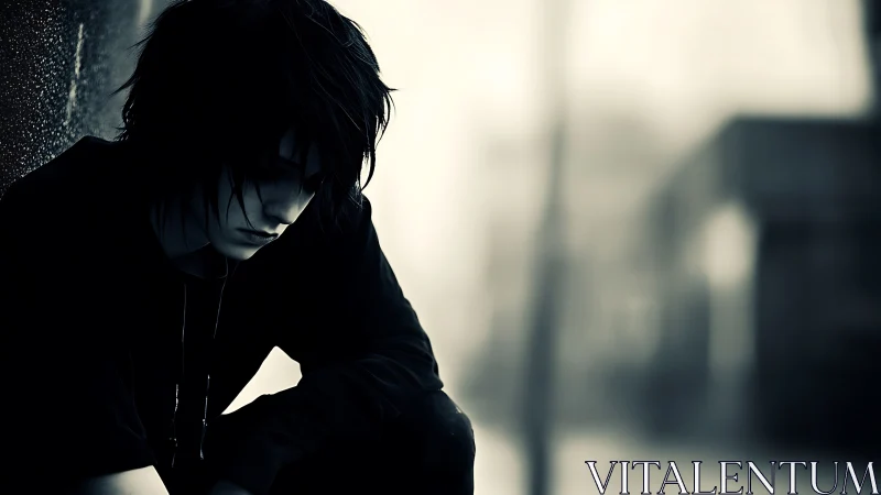 Street-corner daydreamer folded into grayscale quiet.