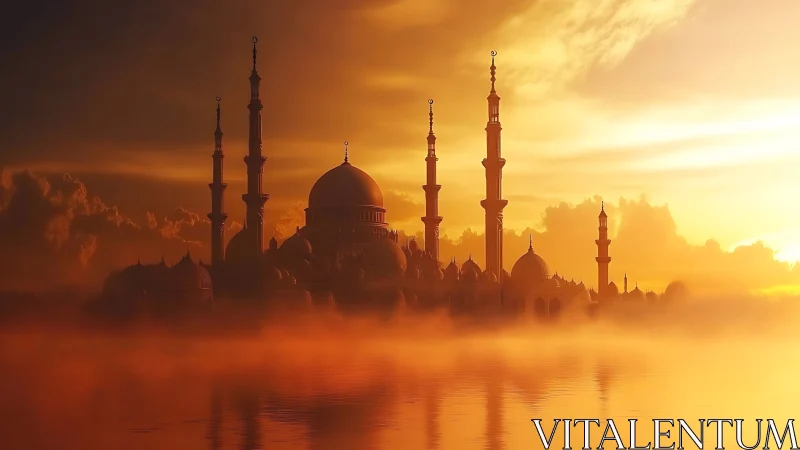 Golden sunrise mosque rising softly from glowing mist.