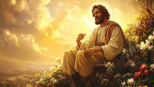 Sunlit teacher in flowing robes amid radiant hillside flowers.