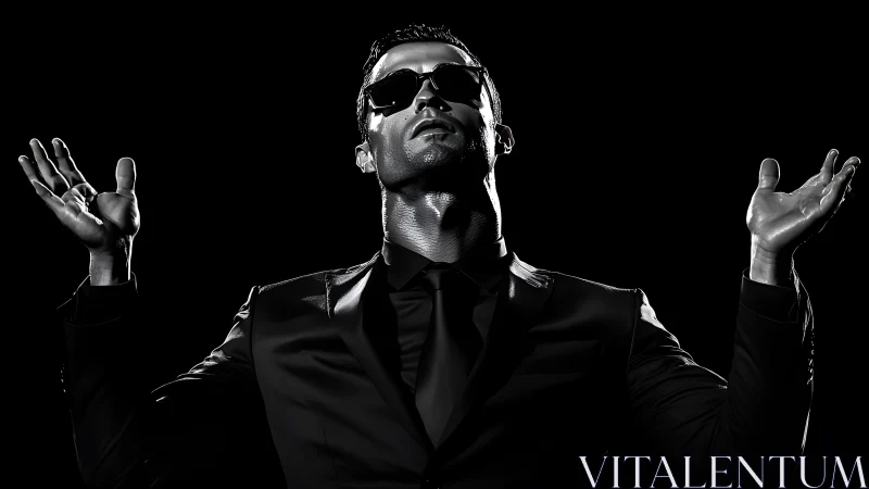 Cool confidence in sharp black suit and dramatic shadows.