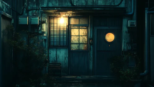 Dimly lit alley doorway glows with warm urban mystery.